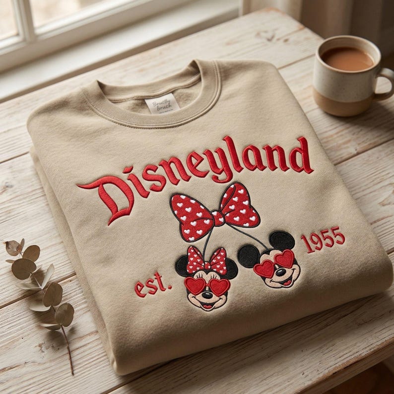 Sudadera Coquette Cherry Disneyland bordada, camiseta retro Est. 1955 Cherry Disney, conjunto retro Disney Cherry, camiseta con lazo de cereza bordado imagen 1
