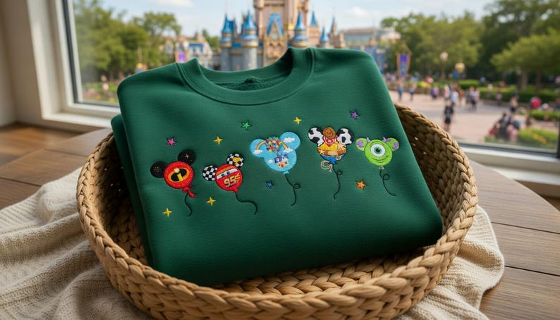 Puede incluir: Una sudadera verde oscuro con globos de personajes de dibujos animados bordados. Los globos representan a Mickey Mouse, un coche de carreras, un globo aerost&aacute;tico, un vaquero y un monstruo verde. La sudadera se muestra en una cesta tejida.