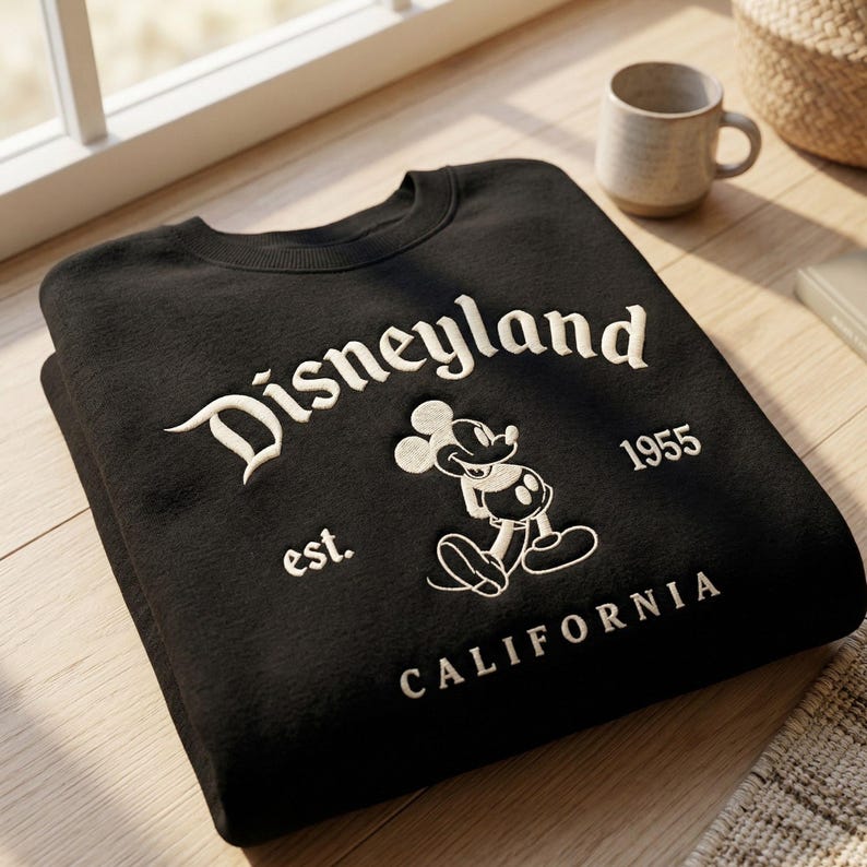 Op de afbeelding: Zwart sweatshirt met het woord "Disneyland" in witte letters, een Mickey Mouse-afbeelding en de tekst "est. 1955 CALIFORNIA". Het sweatshirt is op een houten oppervlak gevouwen.