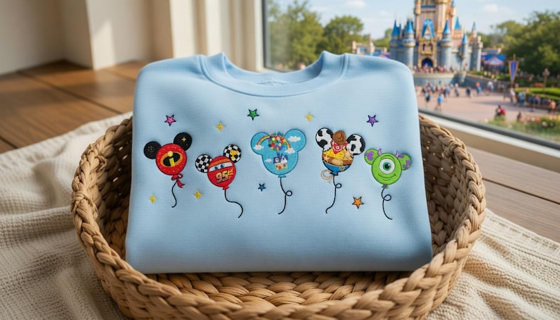 Puede incluir: Sudadera azul claro con globos de personajes de dibujos animados bordados. Los globos presentan orejas de Mickey Mouse y varios dise&ntilde;os de personajes, incluido un globo rojo de Los Incre&iacute;bles, un globo a cuadros con el n&uacute;mero 95 y un globo verde monstruo. La sudadera se muestra en una cesta tejida.