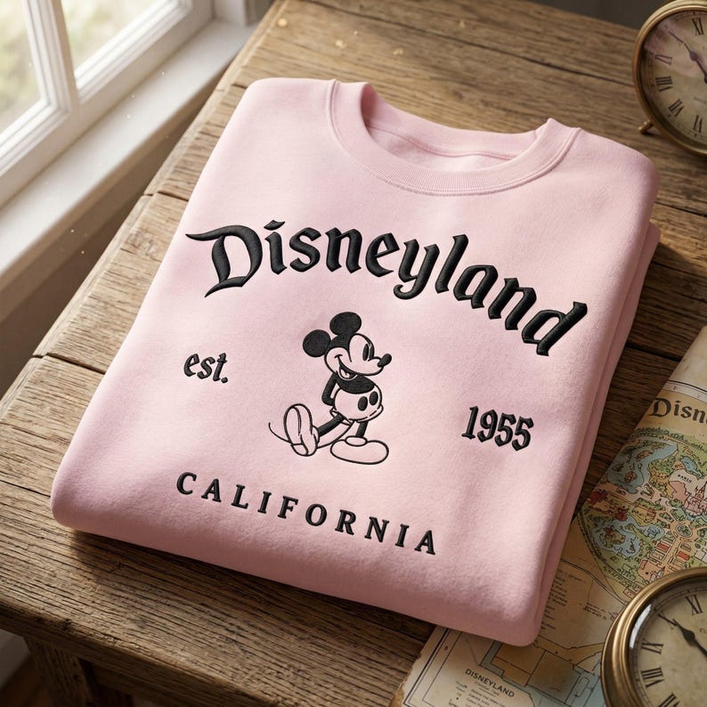 Op de afbeelding: Een lichtroze sweatshirt met het woord "Disneyland" in zwart script. Daaronder een afbeelding van Mickey Mouse, de tekst "est. 1955" en "CALIFORNIA". De sweatshirt is op een houten oppervlak gevouwen.