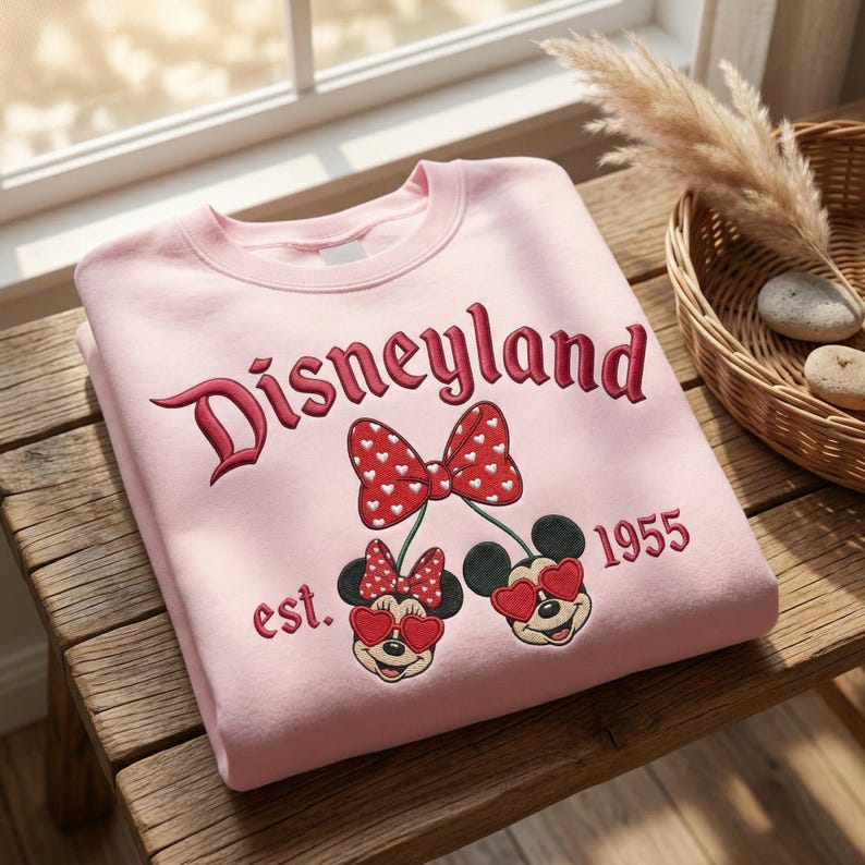 Puede incluir: Una sudadera rosa claro de Disneyland con letras y gr&aacute;ficos rojos bordados. El dise&ntilde;o incluye la palabra "Disneyland", el a&ntilde;o "1955" y caras de Minnie Mouse con gafas de sol en forma de coraz&oacute;n. Tambi&eacute;n presenta un lazo rojo con corazones blancos.