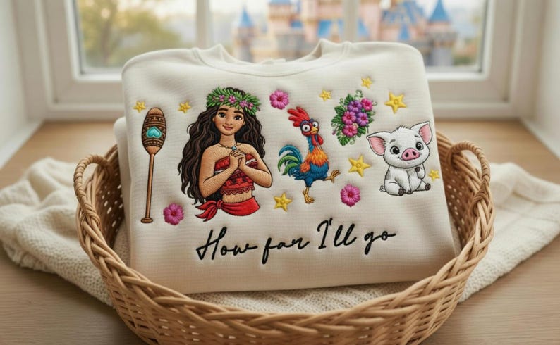 Może przedstawiać: Kremowa bluza z haftowanymi postaciami i napisem "How far I'll go". Projekt zawiera kobietę, koguta, świnię oraz kwiatowe i gwiazdkowe akcenty. Bluza jest prezentowana w wiklinowym koszu.