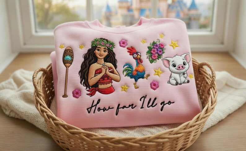Może przedstawiać: Jasnor&oacute;żowa bluza z haftowanymi postaciami i napisem "How far I'll go". Projekt zawiera kobietę, koguta, świnię oraz elementy kwiatowe i gwiazdki. Bluza jest złożona w wiklinowym koszu.