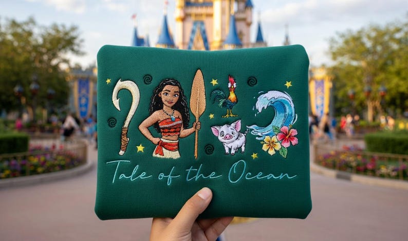 Pu&ograve; includere: Un astuccio verde con immagini ricamate di una donna polinesiana, un amo, una pagaia, un gallo, un maiale, un'onda e fiori. Il testo "Tale of the Ocean" &egrave; ricamato sotto. L'astuccio &egrave; tenuto in mano.