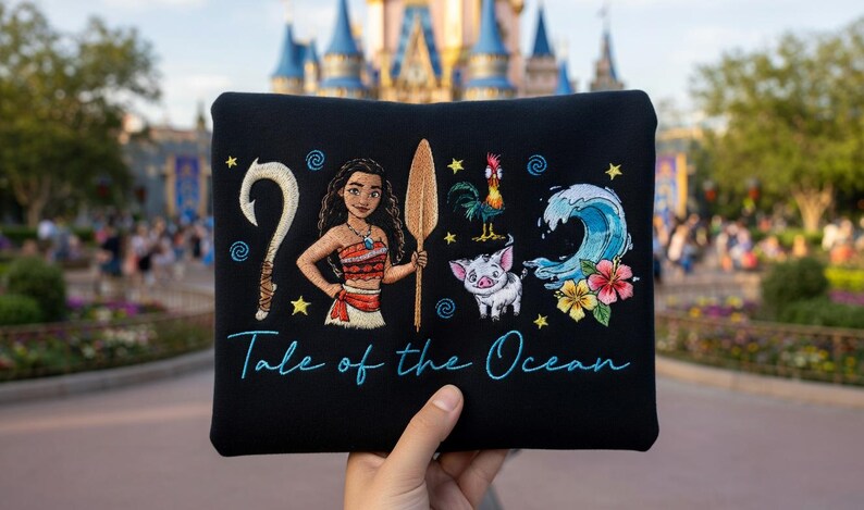 Pu&ograve; includere: Pochette nera con personaggi ricamati ed elementi del film d'animazione. Il design include un personaggio con una lancia, un gancio, un gallo, un maiale, un'onda e fiori. Il testo "Tale of the Ocean" &egrave; scritto in corsivo.