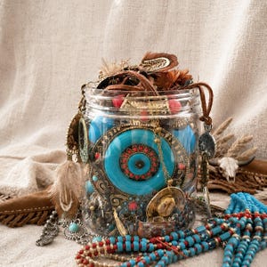 May include: A clear plastic jar filled with assorted jewellery including a large turquoise circular pendant with red accents, brown leather cords, metallic chains, and brown feathers. Additional turquoise and red beaded strands are draped in front.
