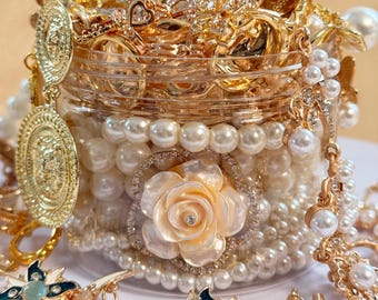 Gold Mystery Jewelry Jar, Vintage Pearl Jewelry Box, Coquette Trinket Mix, Romantic Floral Jewelry Bundle, Gift for Her