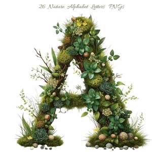 May include: A decorative letter "A" composed of natural elements. The letter is covered in green moss, succulents, and small plants, with a few small stones at the base. The text "26 Nature Alphabet Letters PNGs" is at the top.