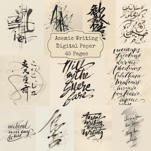 May include: A collection of digital paper featuring asemic writing in black ink on a beige background. The image includes various calligraphic styles and the text "Asemic Writing Digital Paper 45 Pages".
