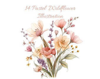 14 Pastel Wildflower Botanical Illustrations PNG | Watercolor Floral Clipart | Flower Digital Art | Nature Graphic Designs | Printable Art