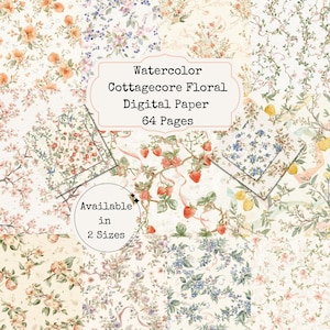 Könnte beinhalten: Eine Sammlung von Aquarell-Digitalpapieren mit einem Cottagecore-Blumenmotiv. Die Papiere zeigen verschiedene Blumenmuster in Rosa-, Pfirsich-, Blau- und Grüntönen. Das Bild enthält den Text "Watercolor Cottagecore Floral Digital Paper 64 Pages" und "Available in 2 Sizes."