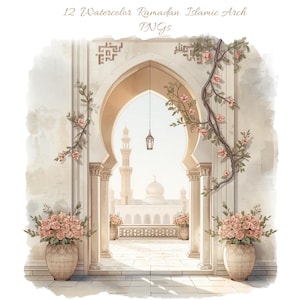 12 Islamischen Bogen Aquarell Clipart, Ramadan Dekor Szene PNG, Digital Download