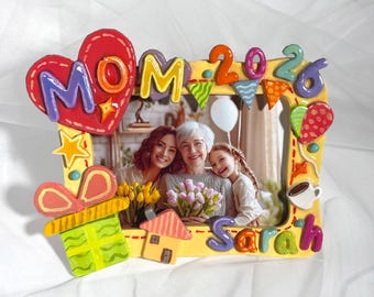 Cadre photo personnalisé pour la fête des mères, cadre photo en argile peint à la main, cadeau prénom personnalisé