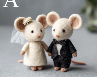 Figurine de souris de mariage, mariée et le marié feutrés à l'aiguille, couple de souris 100 % laine, décoration de mariage miniature de 3 pouces, cadeau d'anniversaire fait main