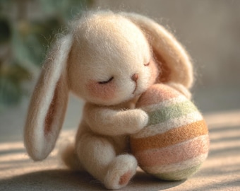 Lapin de Pâques en feutre fait main - Lapin en feutre avec oeuf pastel, décoration printanière, ornement de Pâques en forêt