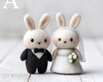 Figurine de lapin de mariage, lapins mariés feutrés à l'aiguille, couple miniature en laine, décoration de gâteau de mariage, cadeau d'anniversaire fait main