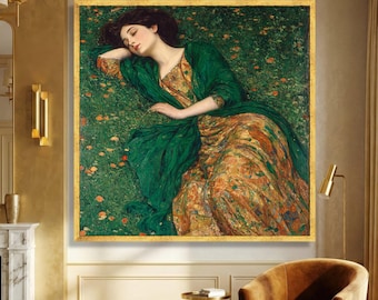 Gustav Klimt Sleeping Woman Canvas, Green Dress Portrait Wall Art, Classic Fine Art Reproduction, Elegant Home Decoration Canvas