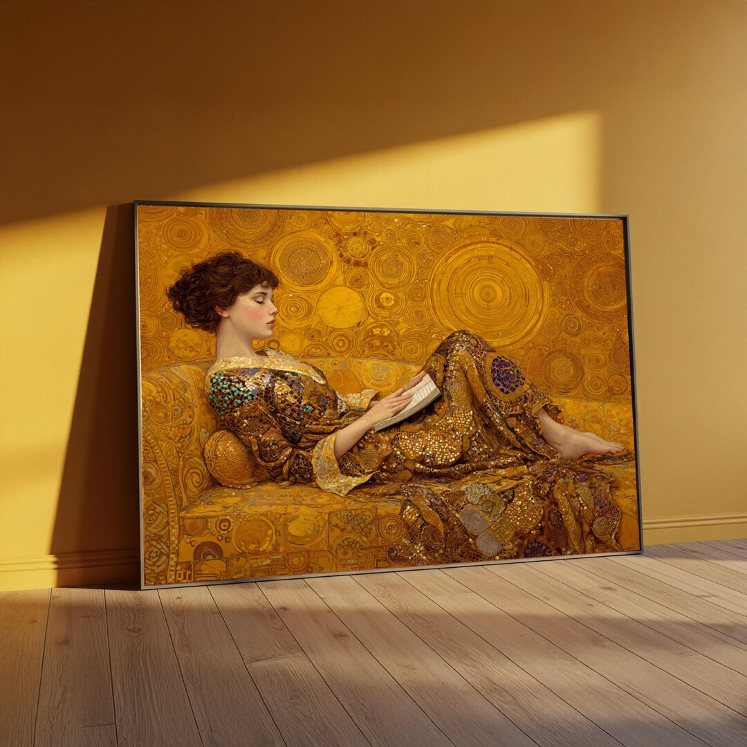 Gustav Klimt Golden Woman Reading Canvas, Elegant Art Nouveau Wall ...
