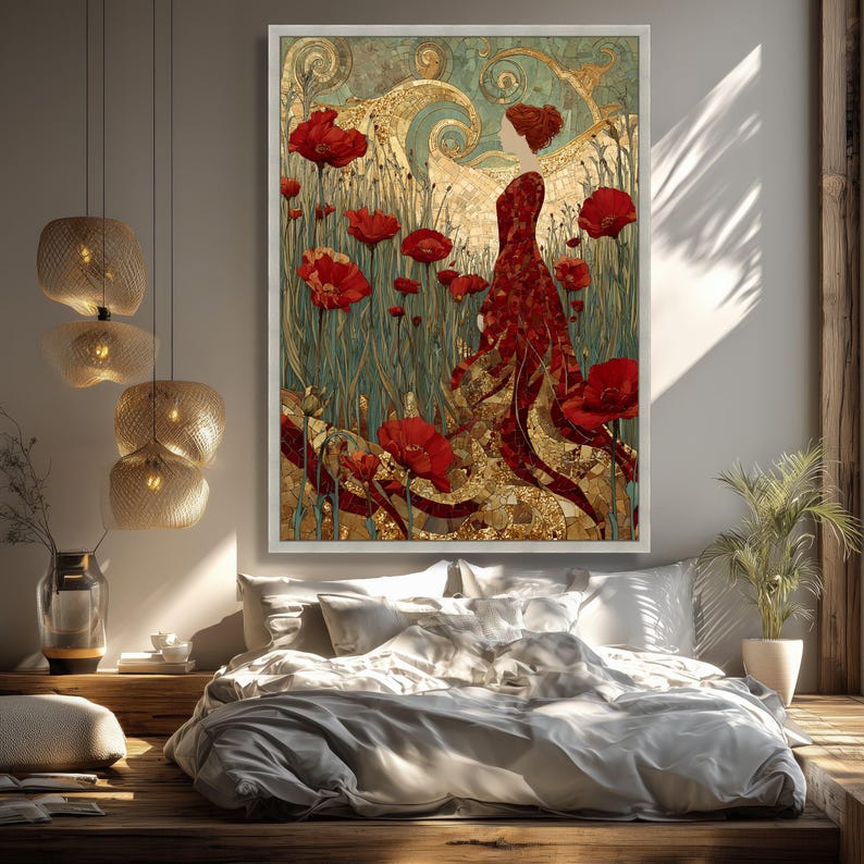 Gustav Klimt Red Poppy Woman Canvas Wall Art, Mosaic Style Floral ...