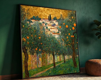 Gustav Klimt Orange Trees Canvas, Vintage Orchard Landscape, Decorative Wall Art, Impressionist Garden Scene, Home Art Décor