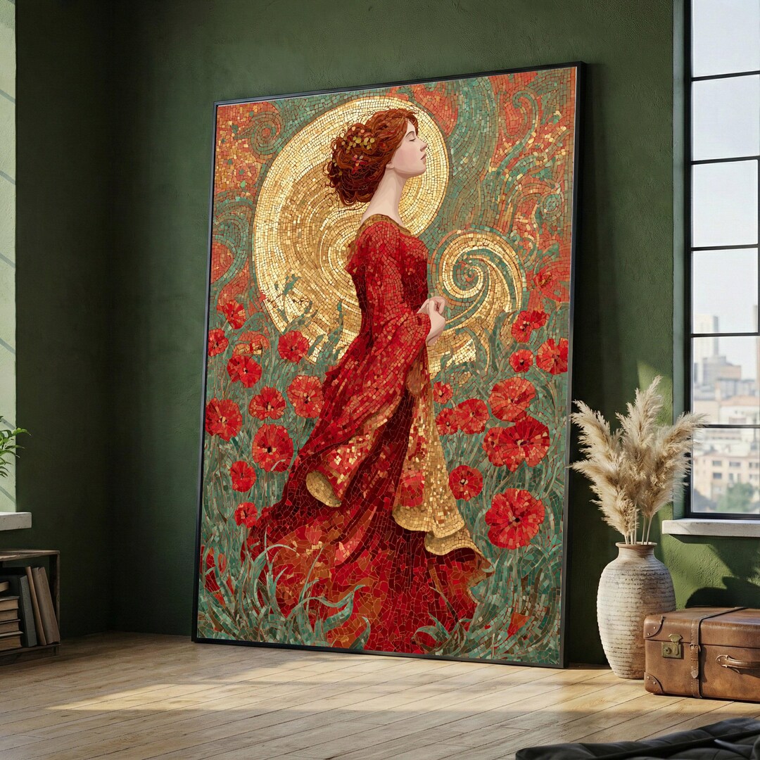 Gustav Klimt Red Dress Woman Canvas Wall Art, Mosaic Style Floral ...