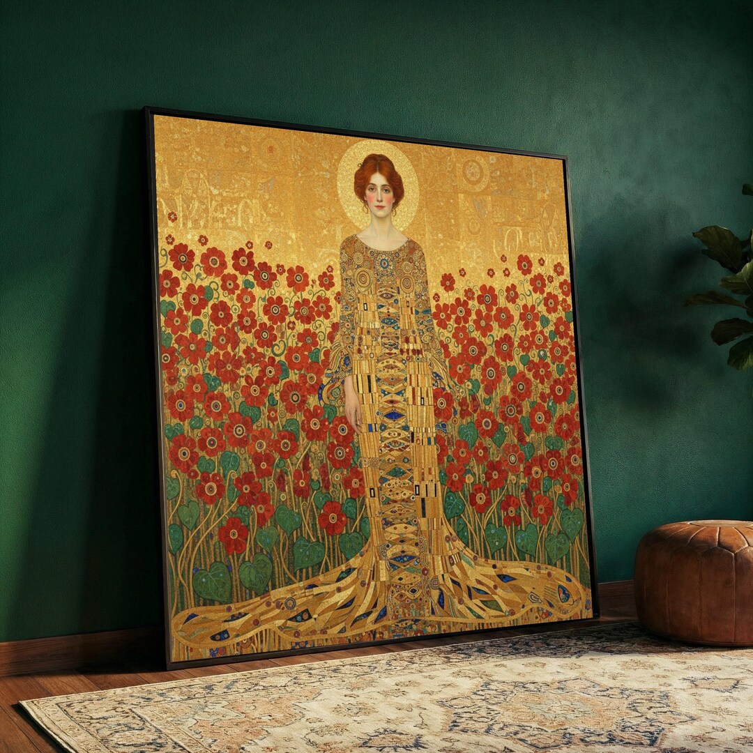 Gustav Klimt Golden Portrait Canvas, Woman in Floral Garden, Red Poppy ...