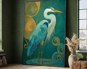 Gustav Klimt Heron Canvas Wall Art, Blue Bird Nature Painting, Gold Decorative Bird Design, Elegant Wildlife Canvas, Ready to Hang Home