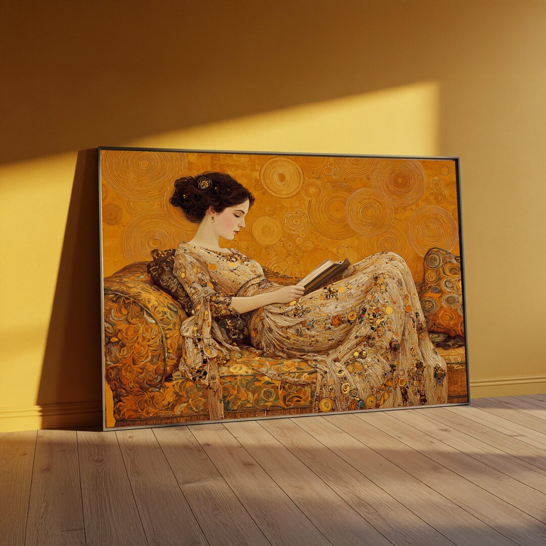 Gustav Klimt Style Woman Reading Canvas, Art Nouveau Wall Art, Elegant ...