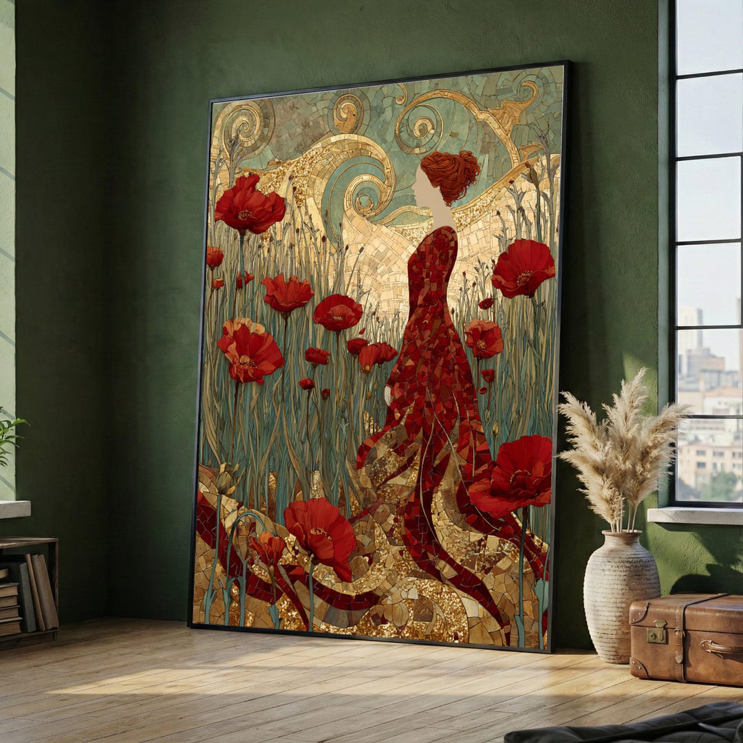 Gustav Klimt Red Poppy Woman Canvas Wall Art, Mosaic Style Floral ...