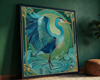Gustav Klimt Blue Heron Canvas, Elegant Bird Wall Art, Ornate Nature Illustration, Decorative Home Canvas, Artistic Wildlife Print