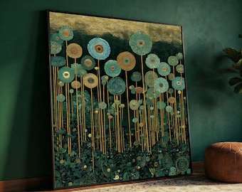 Gustav Klimt Abstract Flowers Canvas, Modern Floral Wall Art, Botanical Canvas, Gold and Teal Home Decoration, Ready to Hang Artwork