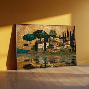 Tela di Gustav Klimt con paesaggio di villaggio, cielo dorato, scena mediterranea, decorazione artistica per la casa, stampa con riflesso sull'acqua