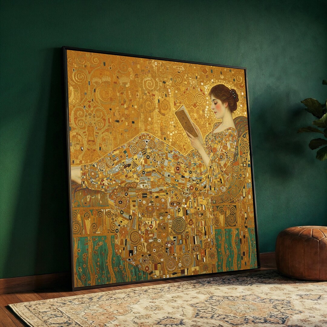 Gustav Klimt Golden Reading Woman Canvas, Art Nouveau Wall Art ...