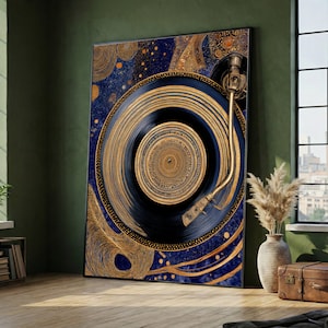 May include: Large framed artwork featuring a stylized, detailed depiction of a record player. The artwork has a dark blue background with gold accents and a gold-colored record player arm. The record itself is black and gold.