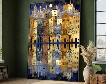 Gustav Klimt Cityscape Reflection Canvas, Modern Urban Wall Art, Night Skyline Canvas, Abstract Tree Silhouette Decor, Ready to Hang