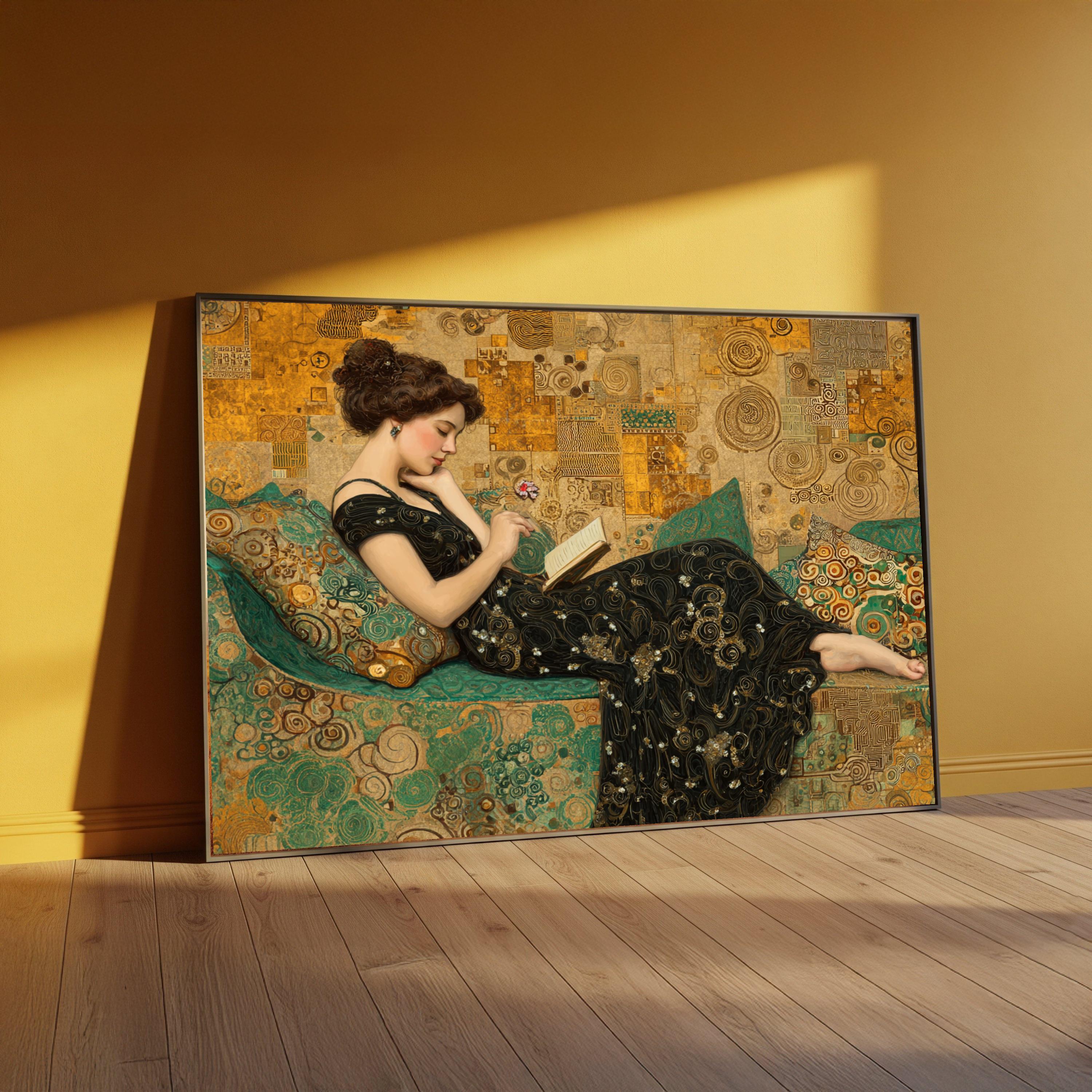 Gustav Klimt Reading Woman Canvas, Elegant Art Nouveau Wall Decor ...