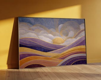 Gustav Klimt Golden Sunrise Canvas, Abstract Landscape Wall Art, Purple and Gold Modern Home Decor, Canvas Painting