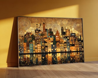 Gustav Klimt Cityscape Night Canvas Wall Art, Illuminated Urban Reflection, Golden Skyline Decor, Modern Abstract City Canvas Art