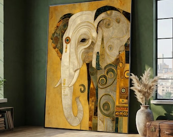 Gustav Klimt Elephant Abstract Canvas, Golden Animal Wall Art, Artistic Safari Decor, Modern Canvas Wall Hanging, Home Decoration