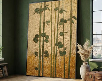 Gustav Klimt Bamboo Stalks Canvas, Gold Mosaic Floral Wall Art, Green Plant Illustration, Elegant Nature Canvas, Decorative Home Accent