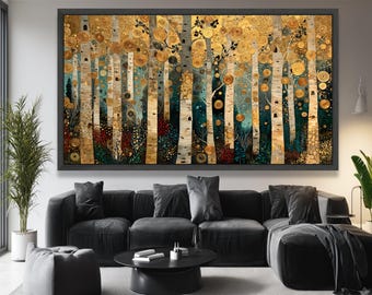 Gustav Klimt Birch Tree Forest Canvas, Gold Leaf Abstract Wall Art, Modern Nature Landscape, Fine Art Home Decor, Ready to Hang Painting