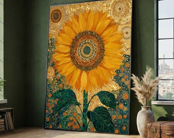 Gustav Klimt Sunflower Canvas Wall Art, Golden Floral Mosaic Design, Nature Flower Canvas, Botanical Home Decor, Ready to Hang Artwork