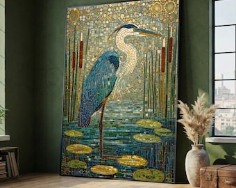 Gustav Klimt Heron Mosaic Canvas, Artistic Bird Wall Art, Nature Decorative Canvas, Blue Green Home Decor, Ready to Hang
