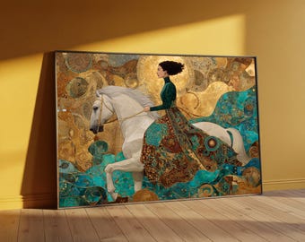 Gustav Klimt Woman on White Horse Canvas, Elegant Riding Scene Wall Art, Gold and Turquoise Decorative Canvas, Artistic Home Decoration