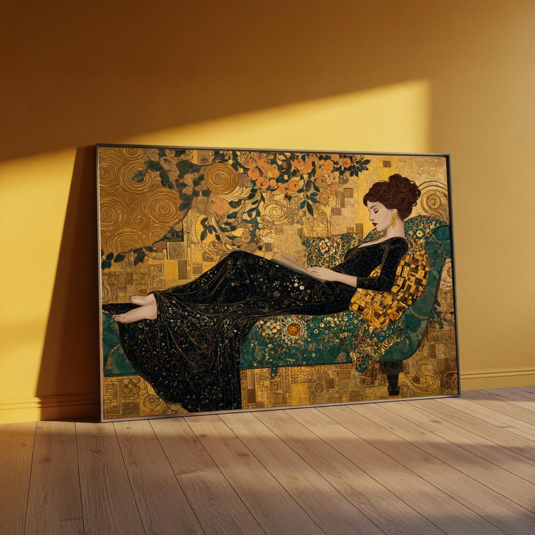Gustav Klimt Elegant Woman Reading Canvas, Luxurious Art Nouveau Wall ...