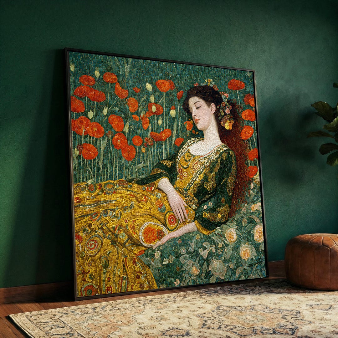 Gustav Klimt Sleeping Woman Canvas, Floral Mosaic Wall Art, Vintage ...