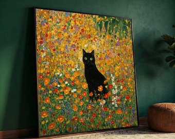 Gustav Klimt Black Cat Canvas Wall Art, Floral Garden Painting, Colorful Flower Field Canvas, Decorative Animal Artwork, Vibrant Nature Wall