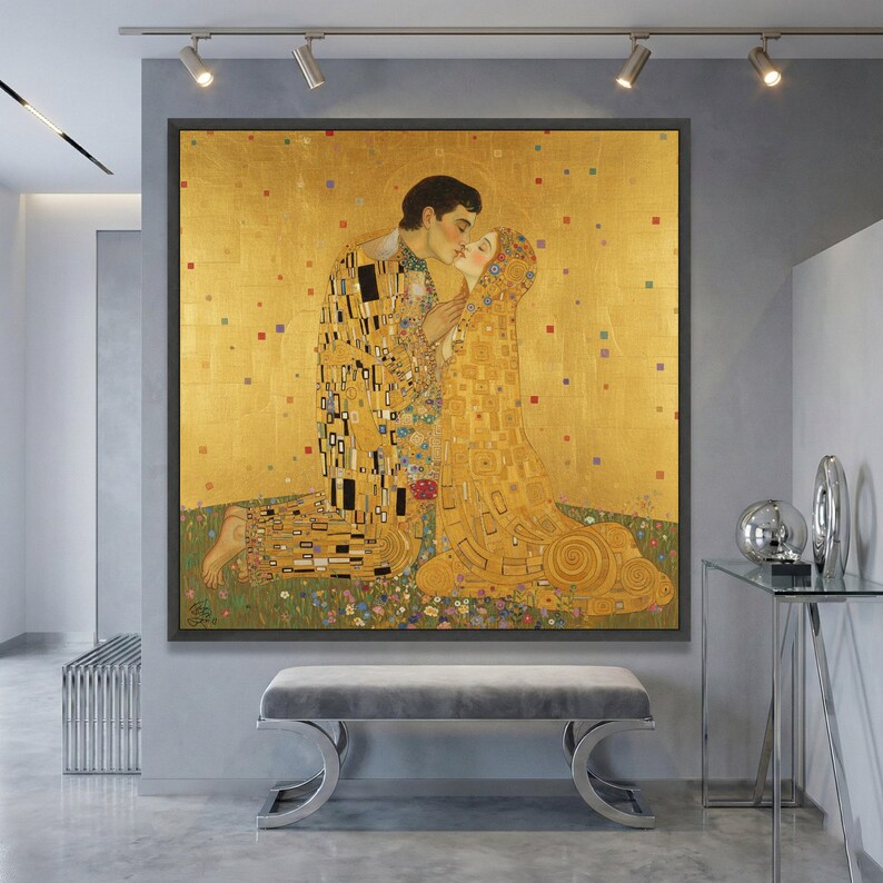 Gustav Klimt the Kiss Canvas Wall Art, Romantic Golden Embrace ...