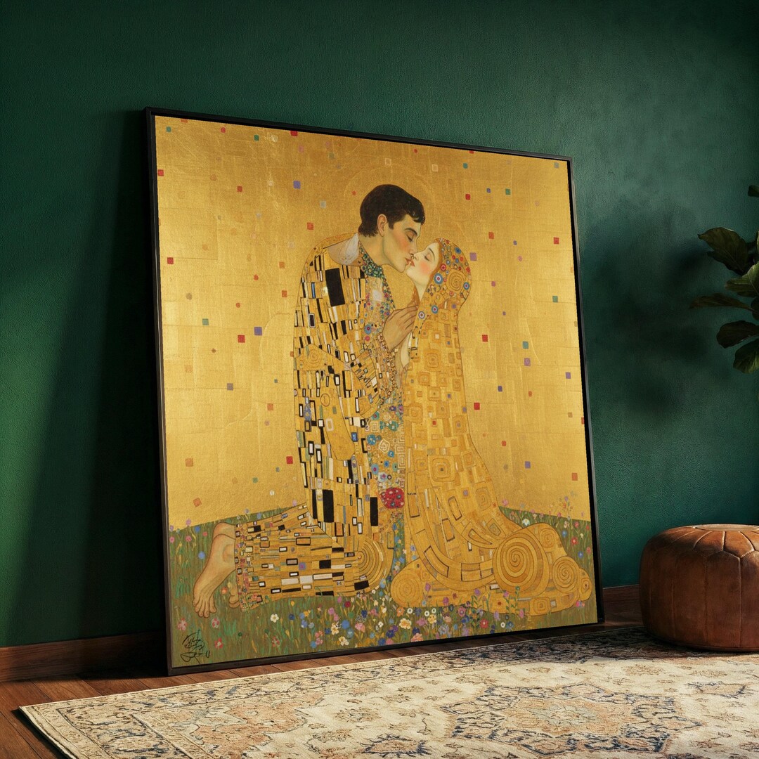 Gustav Klimt the Kiss Canvas Wall Art, Romantic Golden Embrace ...